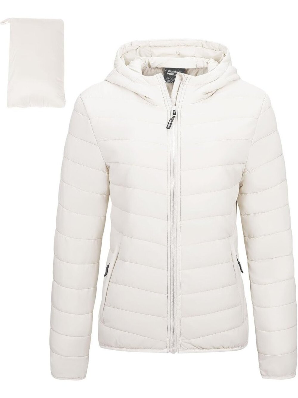 Women's Cream Puffer Jackets Packable Hooded Full-Zip Quilted Winter Coats